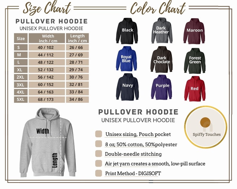 May include: A product image showcasing a unisex pullover hoodie with a size chart and color options. The size chart includes measurements in inches and centimeters, ranging from S to 5XL. Color options include black, dark heather, maroon, royal blue, dark chocolate, forest green, navy, purple, and red.