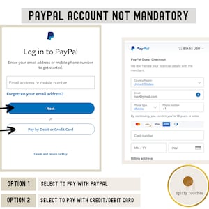May include: Screenshot of a PayPal payment screen with options to log in or pay by debit or credit card. The text "PAYPAL ACCOUNT NOT MANDATORY" is at the top. The image shows the steps to pay without a PayPal account.