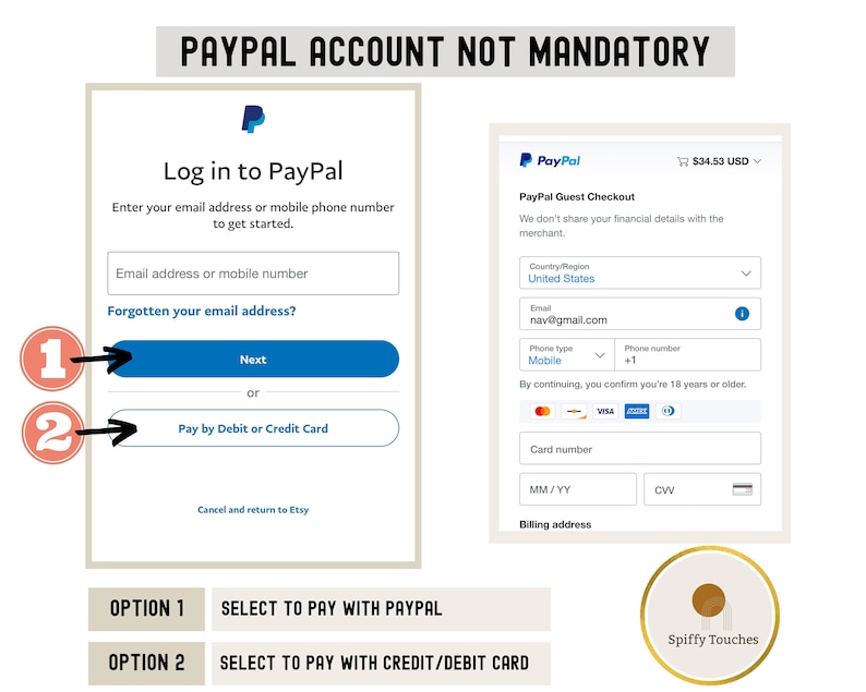 May include: Screenshot of a PayPal payment screen with options to log in or pay by debit or credit card. The text "PAYPAL ACCOUNT NOT MANDATORY" is at the top. The image shows the steps to pay without a PayPal account.