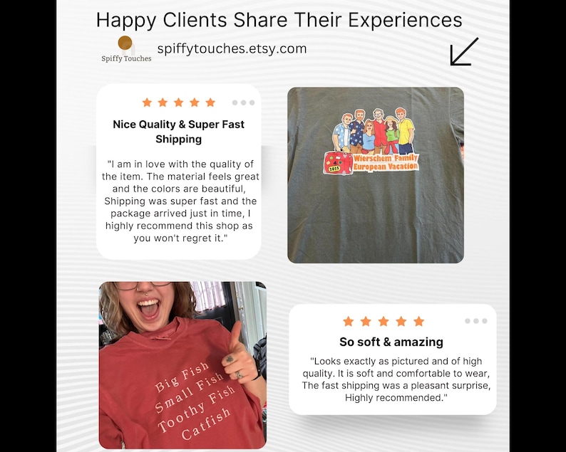 The image is a collage of three photos featuring a person wearing a red shirt with a fish design, a t-shirt with a cartoon character, and a t-shirt with a graphic. The person in the red shirt is smiling and giving a thumbs up, the t-shirt has a cartoon character, and the t-shirt has a graphic. The collage includes text that describes the items, such as "Happy Clients Share Their Experiences spiffytouches.com", " Nice Quality & Super Fast Shipping", and "So soft & amazing".