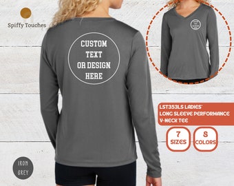 Camiseta feminina personalizada de manga comprida com decote em V, tecido de alta performance e absorção de umidade.