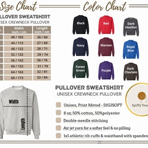 May include: A size and color chart for a unisex crewneck pullover sweatshirt. The chart displays sizes S to 5XL, with width and length measurements in inches and centimeters. Color options include black, red, navy, maroon, forest green, and more.