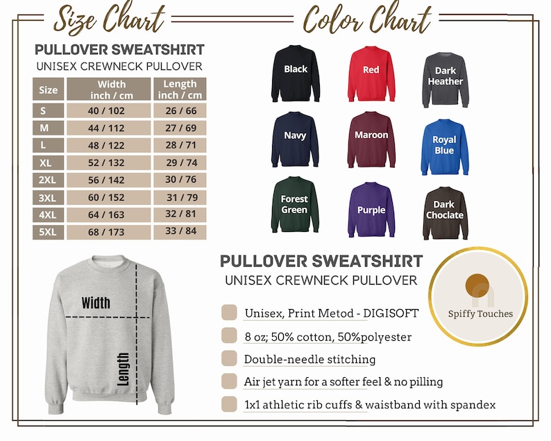 May include: A size and color chart for a unisex crewneck pullover sweatshirt. The chart displays sizes S to 5XL, with width and length measurements in inches and centimeters. Color options include black, red, navy, maroon, forest green, and more.