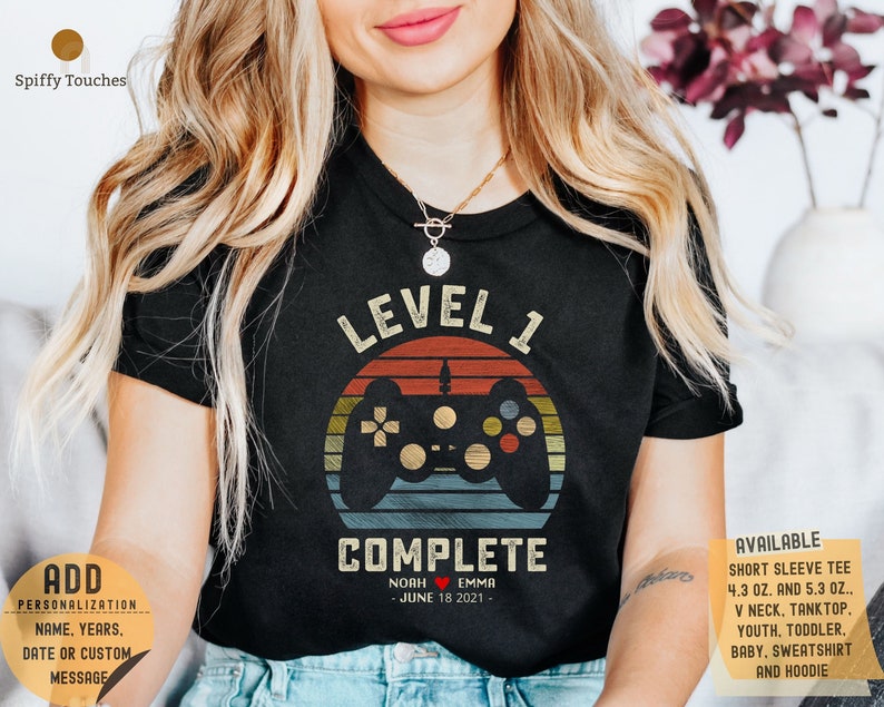 1st Wedding Anniversary Gift for Husband Wife, Personalization Level 1 Complete, 1 year Anniversary Gift for Gamer, Retro Video Game Shirt