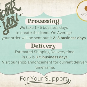 May include: A teal blue and gray graphic with the text "Thank You" in a decorative font. The graphic also includes the text "Processing", "Delivery", and "For Your Support". The graphic provides information about processing and delivery times for orders.