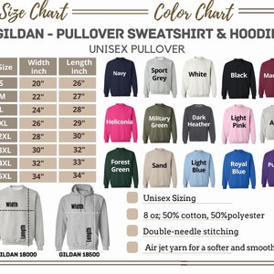 Puede incluir: Tabla de tallas para sudaderas y sudaderas con capucha unisex Gildan. La tabla muestra las tallas de la S a la 5XL con las medidas de ancho y largo correspondientes en pulgadas. Las opciones de color incluyen azul marino, gris deportivo, blanco, negro, granate, heliconia, verde militar, gris oscuro, rosa claro, ceniza, verde bosque, arena, azul claro, azul real y morado.