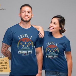 1st Wedding Anniversary Gift for Husband Wife, Personalization Level 1 Complete, 1 year Anniversary Gift for Gamer, Retro Video Game Shirt image 2