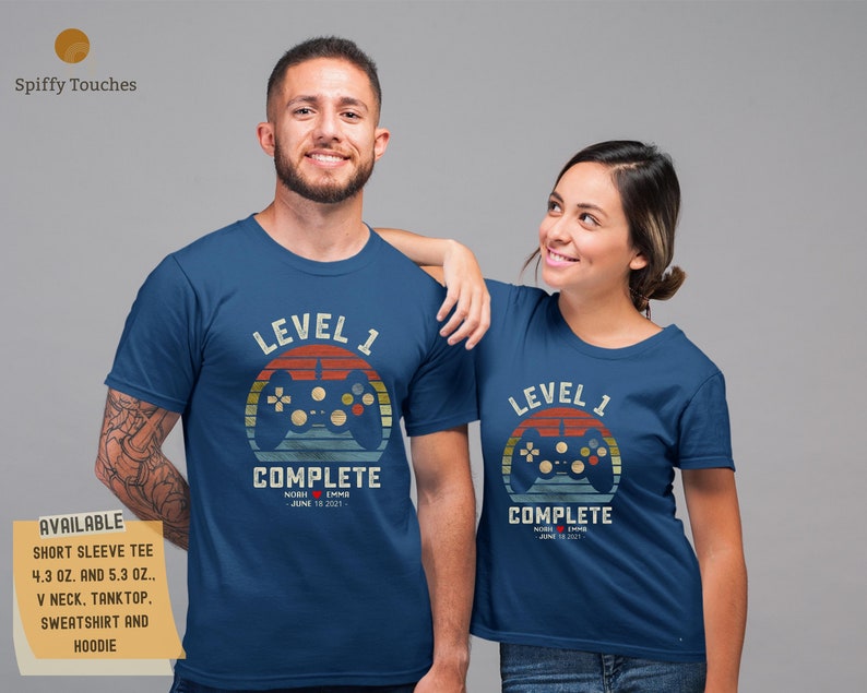 1st Wedding Anniversary Gift for Husband Wife, Personalization Level 1 Complete, 1 year Anniversary Gift for Gamer, Retro Video Game Shirt image 2