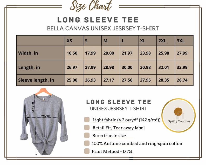 May include: Size chart for a long-sleeved unisex t-shirt made by Bella Canvas. The chart shows measurements in inches for width, length, and sleeve length for sizes XS to 3XL. The chart also includes details about the fabric, fit, and manufacturing process.