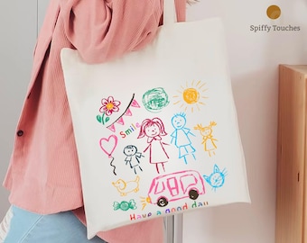 Barnteckningsväska, personlig väska, barnkonst, present till mamma, familjekonstväska, anpassad barnkonstväska, klotterväska, personlig present