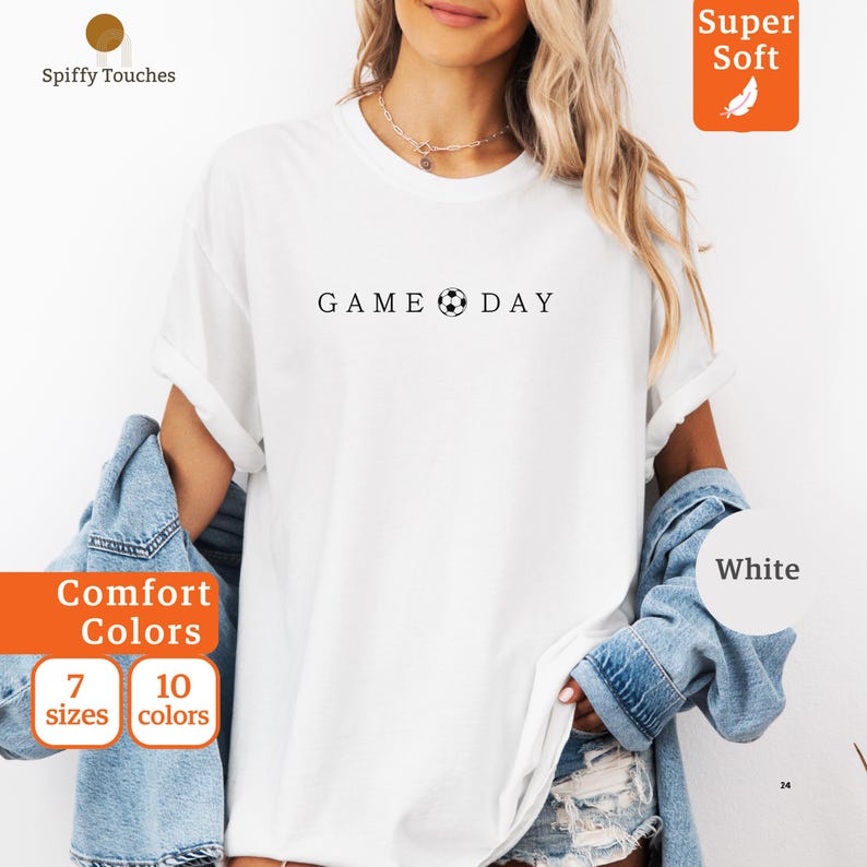Game Day T Shirt, Womens Casual Graphic Tee, Soccer Theme Shirt, Sports Fan Apparel, Gift for Her, Cute Summer Outfit, White Shirt