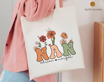 Floral Nan Tote Bag, Personalized Grandma Gift, Custom Tote Bag gift for Grandma