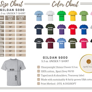 Puede incluir: Una tabla de tallas y una tabla de colores para camisetas unisex Gildan 5000. La tabla muestra las medidas de ancho y largo en pulgadas para las tallas XS a 5XL. La tabla de colores muestra una variedad de colores, incluyendo azul claro, blanco, verde el&eacute;ctrico, amarillo, kiwi, rosa claro, azul marino, verde bosque, morado, rojo, azul real, gris deportivo, gris oscuro, granate, azul Carolina, verde militar, heliconia y negro.