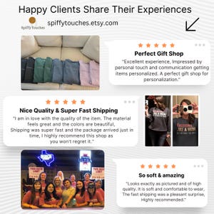 May include: Image displaying customer reviews for an Etsy shop. The image shows various products, including personalized items. Text on the image includes the shop's name and website, alongside customer feedback emphasizing quality and quick delivery.