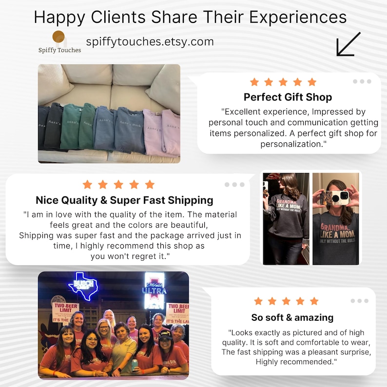 May include: Image displaying customer reviews for an Etsy shop. The image shows various products, including personalized items. Text on the image includes the shop's name and website, alongside customer feedback emphasizing quality and quick delivery.
