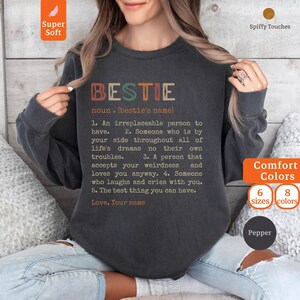 Bestie Definition Sweatshirt, Personalized Comfort Colors Gift for Best Friend, Custom Name Friendship Hoodie Trendy Irreplaceable Bond Gift