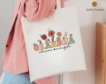 Gepersonaliseerde draagtas oma, draagtas bloemen oma, draagtas met aangepaste namen, Moederdagcadeaus, gepersonaliseerde cadeaus, cadeaus oma, draagtas oma, draagtas oma