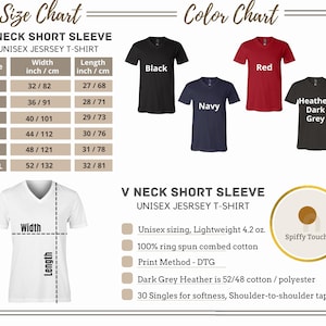 May include: A size and color chart for a V-neck short sleeve unisex t-shirt. The chart includes measurements in inches and centimeters, with sizes ranging from XS to 2XL. Color options include black, navy, red, and heather dark grey.