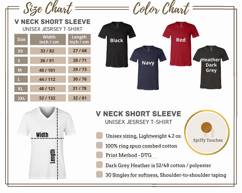 May include: A size and color chart for a V-neck short sleeve unisex t-shirt. The chart includes measurements in inches and centimeters, with sizes ranging from XS to 2XL. Color options include black, navy, red, and heather dark grey.