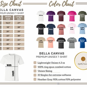 May include: Size chart and colour chart for Bella Canvas unisex t-shirts. The chart shows the width and length in inches for sizes XS to 3XL. The colour chart shows a variety of colours, including white, black, navy, heather maroon, heather peach, and heather royal.