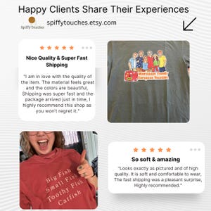 May include: Image displaying customer feedback for an Etsy shop. It features a grey t-shirt with a family holiday design, a red shirt with fish text, and positive reviews highlighting quality and delivery speed.