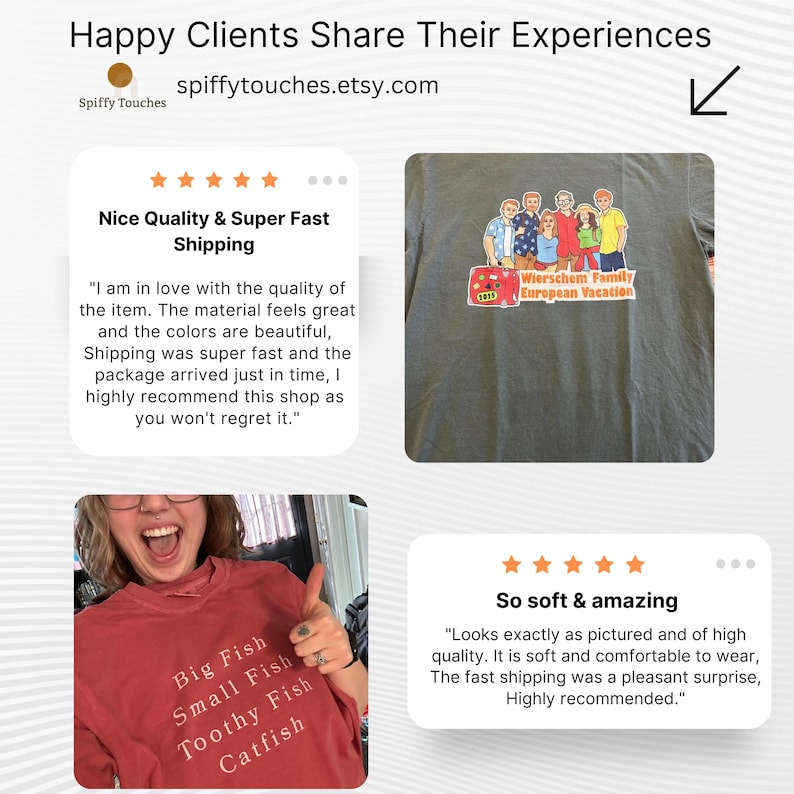 May include: Image displaying customer feedback for an Etsy shop. It features a grey t-shirt with a family holiday design, a red shirt with fish text, and positive reviews highlighting quality and delivery speed.