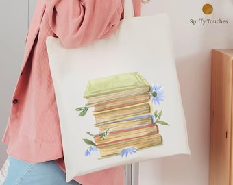 Personalized Book Stack Tote Bag, Floral Book Lover Bag, Custom Reading Tote, Librarian Gift, Bookish Tote, Watercolor Books, Book Tote
