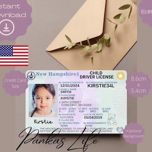 Brincadeira de faz de conta Carteira de motorista de New Hampshire para crianças, acessórios fofos para carros, brinquedos para crianças, carteira de identidade, modelo editável, artesanato para jardim de infância