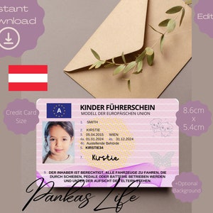 Oostenrijk Fantasiespel Rijbewijs voor kinderen, rijbewijssjabloon, afdrukbaar speelgoedlicentie bewerkbaar blijven rijden, geslaagd voor autorijden