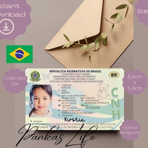 Fantasiespel Braziliaans rijbewijs voor kinderen, Brazilië rijbewijssjabloon, afdrukbaar speelgoed bewerkbaar, blijf rijden, peuterspeelgoed