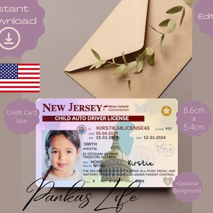 Pretend Play Usa rijbewijs voor kinderen, New Jersey rijbewijssjabloon, afdrukbaar speelgoed bewerkbaar blijven rijden, geslaagd voor autorijden