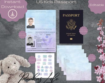 Bearbeitbarer Pretend Play US Kinderpass, druckbare Passhülle, Reisestempel, Adventure Time, Kleinkind-Reisebedarf
