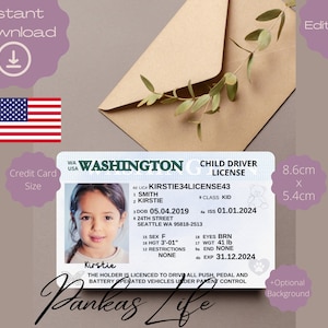 Pretend Play Usa rijbewijs voor kinderen, Washington-rijbewijssjabloon, afdrukbaar speelgoed bewerkbaar, blijven rijden, geslaagd voor autorijden
