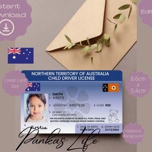 Fantasiespel Northern Territory of Australia Rijbewijs voor kinderen, rijbewijssjabloon, afdrukbaar speelgoed voor peuters, nieuwigheidslicentie