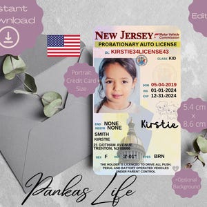 Fantasiespel VS rijbewijs voor kinderen, New Jersey rijbewijssjabloon, afdrukbaar peuterspeelgoed, prop-ID, leuke auto-accessoires