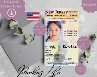 May include: A printable New Jersey probationary driving licence template featuring a photograph of a young girl. The template measures 5.4 cm by 8.6 cm and includes the text "Kirstie" and "PROBATIONARY AUTO LICENSE".