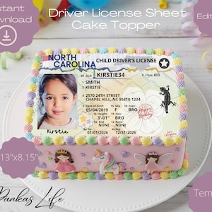 May include: A rectangular cake with a pink base, topped with a North Carolina child driver's license design. The cake features a photo of a young girl, a lizard illustration, and decorative frosting. The cake measures 13" x 8.15".