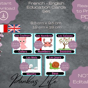 French English Bilingual Flashcards, Educational Printables, Preschool Activities, Homeschool Printable Basic Language Learning Bundle