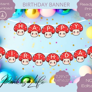 Mushroom Happy Birthday Banner, Printable Mushroom Birthday Decorations, Mushroom Lovers Mushroom Birthday Party Accessories, Mushroom Gifts
