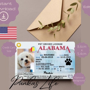 Permis de conduire américain modifiable pour faire semblant de jouer pour animaux de compagnie, modèle de conduite de l'Alabama, permis de jouet animal à imprimer, permis de conduire pour chien, carte d'identité d'animal de compagnie