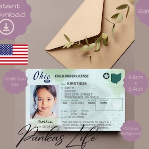Pretend Play Usa rijbewijs voor kinderen, Ohio rijbewijssjabloon, afdrukbaar speelgoed bewerkbaar, blijven rijden, geslaagd voor autorijden