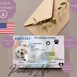 Bewerkbare Pretend Play Usa-rijbewijs voor huisdieren, Kentucky-rijsjabloon, afdrukbaar speelgoedlicentie dieren, hondenrijbewijs, huisdier-ID