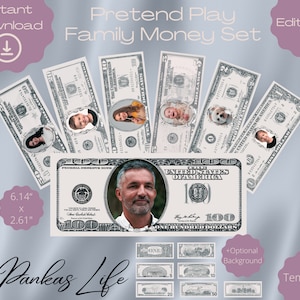 Täuschen Sie Spielgeld für Kinder vor, Gesicht auf Geld-Vorlage, druckbares Spielzeug bearbeitbare US- Dollarscheine, personalisiertes Familiengeschenk, Partygeschenke
