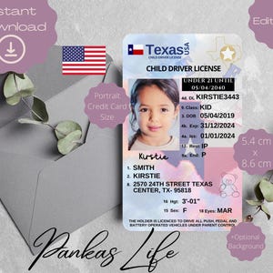 Fantasiespel VS rijbewijs voor kinderen, Texas rijbewijssjabloon, afdrukbaar peuterspeelgoed, prop-ID, leuke auto-accessoires