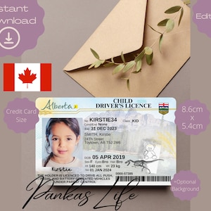 Pretend Play Canada-rijbewijs voor kinderen, rijbewijssjabloon Alberta, afdrukbaar speelgoed bewerkbaar, blijf rijden, peuterspeelgoed