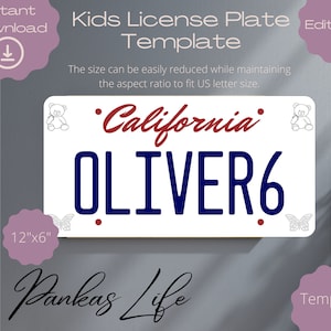 Bewerkbare fantasiespel VS kentekenplaat voor kinderen Californië kinderkamer decorsjabloon Afdrukbare stuurprogramma-accessoires, peuterspeelgoed, doe-het-zelf knutselen