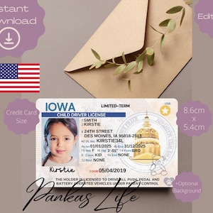 Brincadeira de faz de conta Carteira de motorista do estado de Iowa para crianças, acessórios fofos para carros, brinquedos educativos para crianças, aniversário de carro de corrida, carteira de identidade pré-escolar