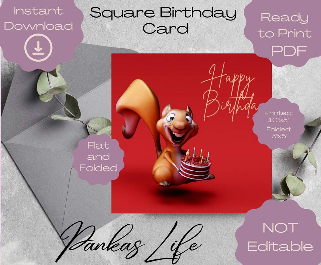 Printable Squirrel Birthday Card, Cute Happy Birthday Card, Greeting