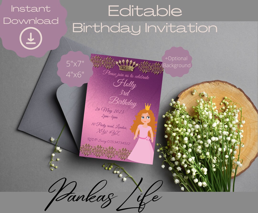 Princess Birthday Invitation Printable First Birthday Etsy