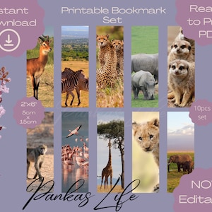 Safari Animals Printable Bookmarks  For Gift Tags, Safari Nursery Decor, Animal Party Favor, Safari Themed Bookmark Set